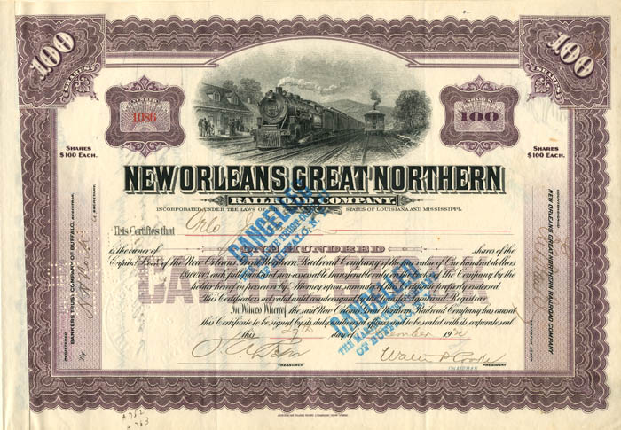 New Orleans Great Northern Railroad Co. - 1920's dated Louisiana Railway Stock Certificate